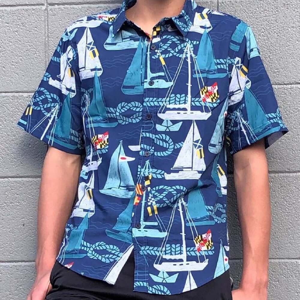 Maryland Nautical Sailboat Seaborn Hawaiian Style Dress Shirt - NEW Fast Ship